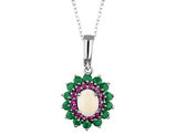 Emerald, Created Ruby and Created Opal Pendant Necklace 3.45 Carats (ctw) in Sterling Silver with Chain